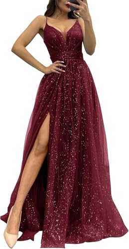 HPPEE Glitzerndes Tüllkleid mit Schlitz für Damen, Spaghettiträger, V-Ausschnitt, formelle Partykleid, burgunderfarben, 38 von HPPEE