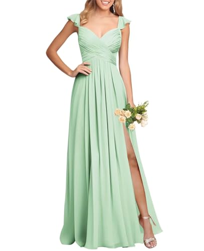 HPPEE Hochzeit Brautjungfer Kleid V-Ausschnitt Abend Party Kleid für Frauen Junioren mit Taschen WYX397, mintgrün, 42 von HPPEE