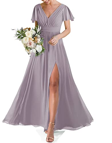 HPPEE Hochzeitskleid für Damen, doppelter V-Ausschnitt, kurze Ärmel, formelles Abendkleid, Partykleid mit Schlitz, Dusty Thistle, 40 von HPPEE