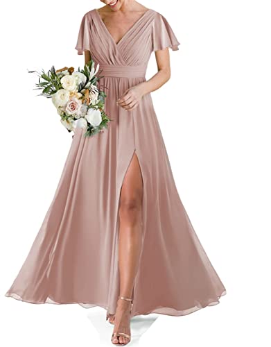 HPPEE Hochzeitskleid für Damen, doppelter V-Ausschnitt, kurze Ärmel, formelles Abendkleid, Partykleid mit Schlitz, blush, 42 von HPPEE