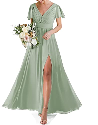 HPPEE Hochzeit Brautjungfer Kleid für Frauen Doppelter V-Ausschnitt Kurzarm Formelles Abendkleid mit Schlitz, graugrün, 32 von HPPEE