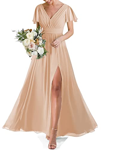 HPPEE Hochzeit Brautjungfer Kleid für Frauen Doppelter V-Ausschnitt Kurzarm Formelles Abendkleid mit Schlitz, pfirsich, 40 von HPPEE