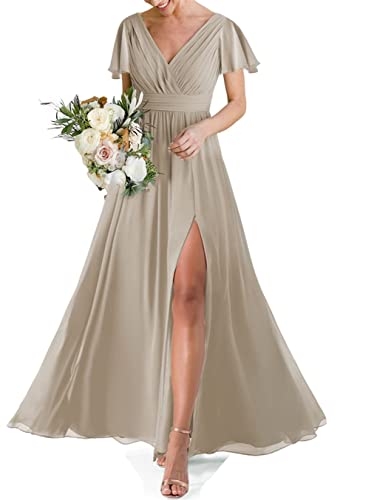 HPPEE Hochzeit Brautjungfer Kleid für Frauen Doppelter V-Ausschnitt Kurzarm Formelles Abendkleid mit Schlitz, taupe, 48 von HPPEE