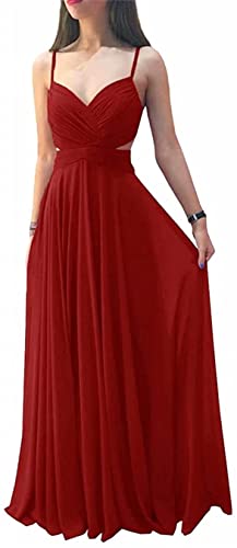 HPPEE Hochzeits-Brautjungfernkleid, lange Spaghettiträger, plissiert, formell, Abendkleid, Abschlussball, Partykleid, für Junioren, rot, 40 von HPPEE