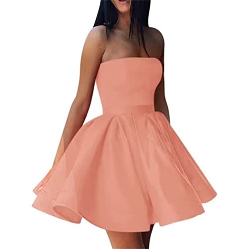 HPPEE Junior's trägerlose Homecoming Kleider Korsett Drapiert Kurz Ärmellos Cocktail Abschlusskleider, pfirsich, 32 von HPPEE