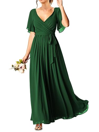 HPPEE Kurzärmeliges Hochzeits-Party-Kleid für Damen, Junioren, Chiffon, lang, Maxi-V-Ausschnitt, Abendkleider mit Taschen, smaragdgrün, 48 von HPPEE