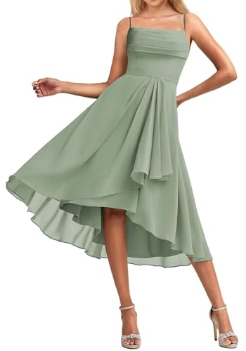 HPPEE Kurzes Brautjungfernkleid mit Spaghettiträgern für Junioren, plissiert, ärmellos, Chiffon, formelles Kleid, salbeigrün, 42 von HPPEE