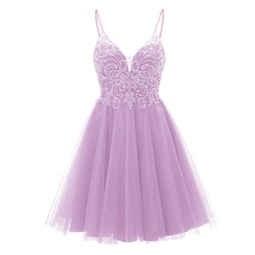 HPPEE Kurzes Homecoming-Kleid, Spaghettiträger, V-Ausschnitt, Cocktail-Partykleid mit Schleife für Junioren mit Perlen, lavendel, 46 von HPPEE