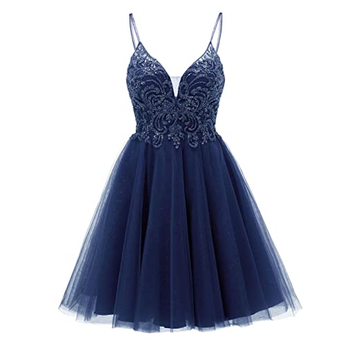 HPPEE Kurzes Homecoming-Kleid, Spaghettiträger, V-Ausschnitt, Cocktail-Partykleid mit Schleife für Junioren mit Perlen, marineblau, 38 von HPPEE