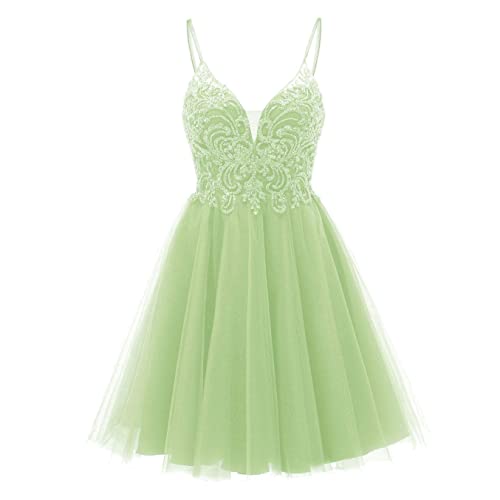 HPPEE Kurzes Homecoming-Kleid, Spaghettiträger, V-Ausschnitt, Cocktail-Partykleid mit Schleife für Junioren mit Perlen, mint, 38 von HPPEE