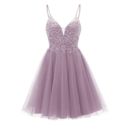 HPPEE Kurzes Homecoming-Kleid, Spaghettiträger, V-Ausschnitt, Cocktail-Partykleid mit Schleife für Junioren mit Perlen, rosa - dusty pink, 32 von HPPEE