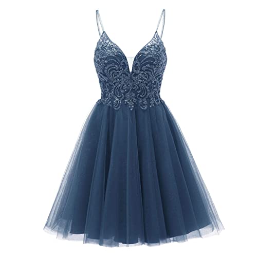 HPPEE Kurzes Homecoming-Kleid, Spaghettiträger, V-Ausschnitt, Cocktail-Partykleid mit Schleife für Junioren mit Perlen, stahlblau, 50 von HPPEE