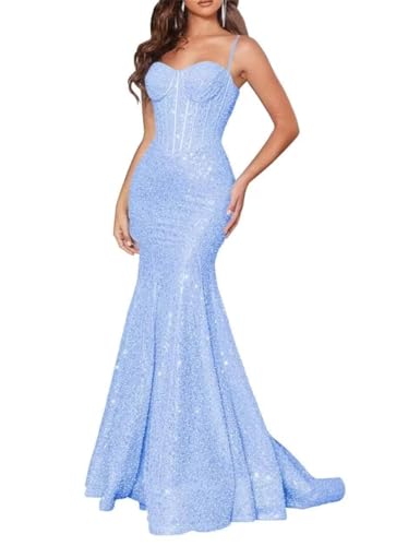 HPPEE Meerjungfrau Pailletten Prom Kleider für Frauen Sparkly Spaghetti Strap Formale Abend Party Kleid WYX428, hellblau, 36 von HPPEE