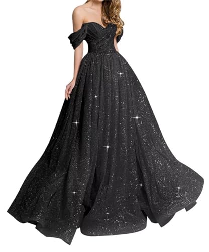 HPPEE Schulterfreies Ballkleid, langes Ballkleid, Glitzertüll, A-Linie, formelles Abendkleid, Partykleid, WYX486, Schwarz, Größe 38 von HPPEE