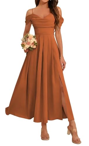 HPPEE Schulterfreies Brautjungfernkleid für Damen, knöchellang, Chiffon, Midi-Abendkleid, burnt orange, 38 von HPPEE
