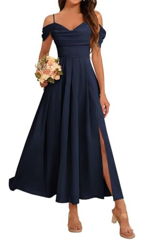 HPPEE Schulterfreies Brautjungfernkleid für Damen, knöchellang, Chiffon, Midi-Abendkleid, marineblau, 42 von HPPEE