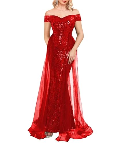 HPPEE Schulterfreies Pailletten-Abschlussballkleid mit Umhang Tüll Ballkleid Meerjungfrau formelles Kleid Abendkleid WYX487, rot, 40 von HPPEE