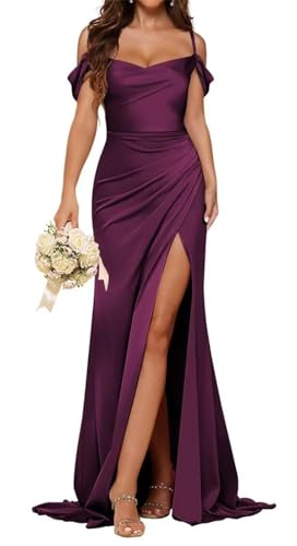 HPPEE Schulterfreies Satin-Brautjungfernkleid für Damen, mit Schlitz, plissiert, langes formelles Abendkleid, pflaume, 40 von HPPEE