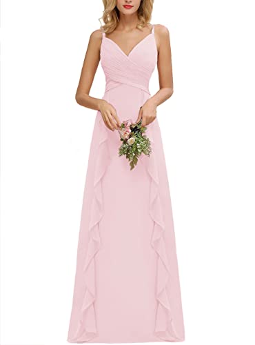 Hochzeit Brautjungfer Kleid Ärmellos Schulterfrei Elegant Lange Spaghetti Träger Gerafftes Mieder A Linie Rüschen Trauzeugin Kleider für Frauen, hellrosa, 38 von HPPEE