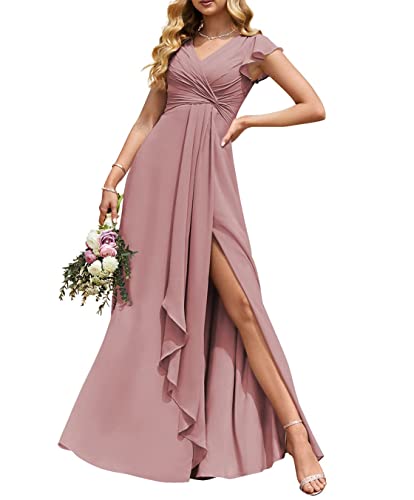 Hochzeit Trauzeugin Kleider Elegant Lange Empire Taille Plissee Flowy Rüschen Abendkleider mit Schlitz, Dusty Rose, 38 von HPPEE