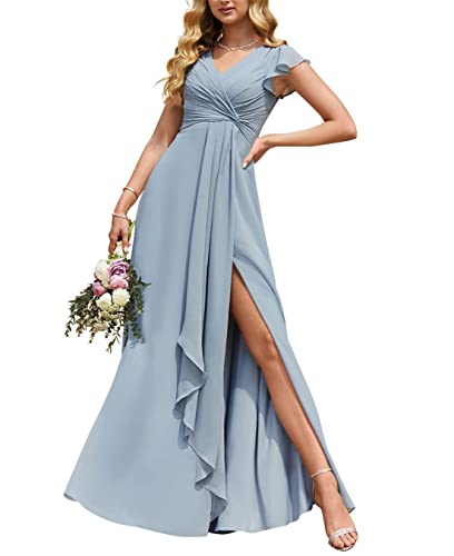 Hochzeit Trauzeugin Kleider Elegant Lange Empire Taille Plissee Flowy Rüschen Abendkleider mit Schlitz, dusty blue, 38 von HPPEE