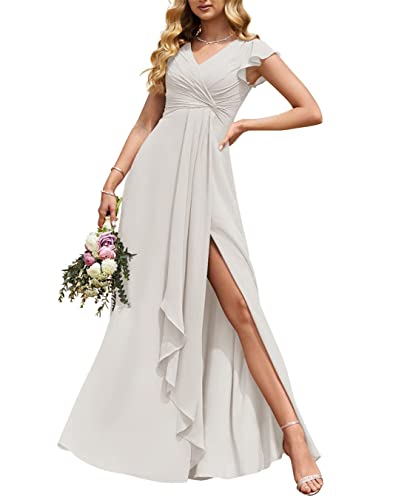 Hochzeit Trauzeugin Kleider Elegant Lange Empire Taille Plissee Flowy Rüschen Abendkleider mit Schlitz, elfenbeinfarben, 40 von HPPEE