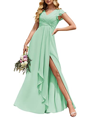 Hochzeit Trauzeugin Kleider Elegant Lange Empire Taille Plissee Flowy Rüschen Abendkleider mit Schlitz, mint, 42 von HPPEE