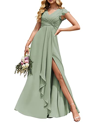 Hochzeit Trauzeugin Kleider Elegant Lange Empire Taille Plissee Flowy Rüschen Abendkleider mit Schlitz, salbeigrün, 42 von HPPEE