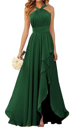 Neckholder-Kleid für Brautjungfern, gerüscht, Chiffon, lang, formelles Kleid, Abendkleid, Partykleid, smaragdgrün, 38 von HPPEE