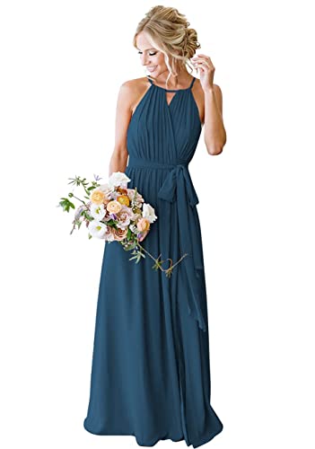 Strandkleid für die Trauzeugin, elegant, lang, Neckholder, plissiert, fließende Rüschen, Abendkleid, Partykleider für Damen, blaugrün, 46 von HPPEE