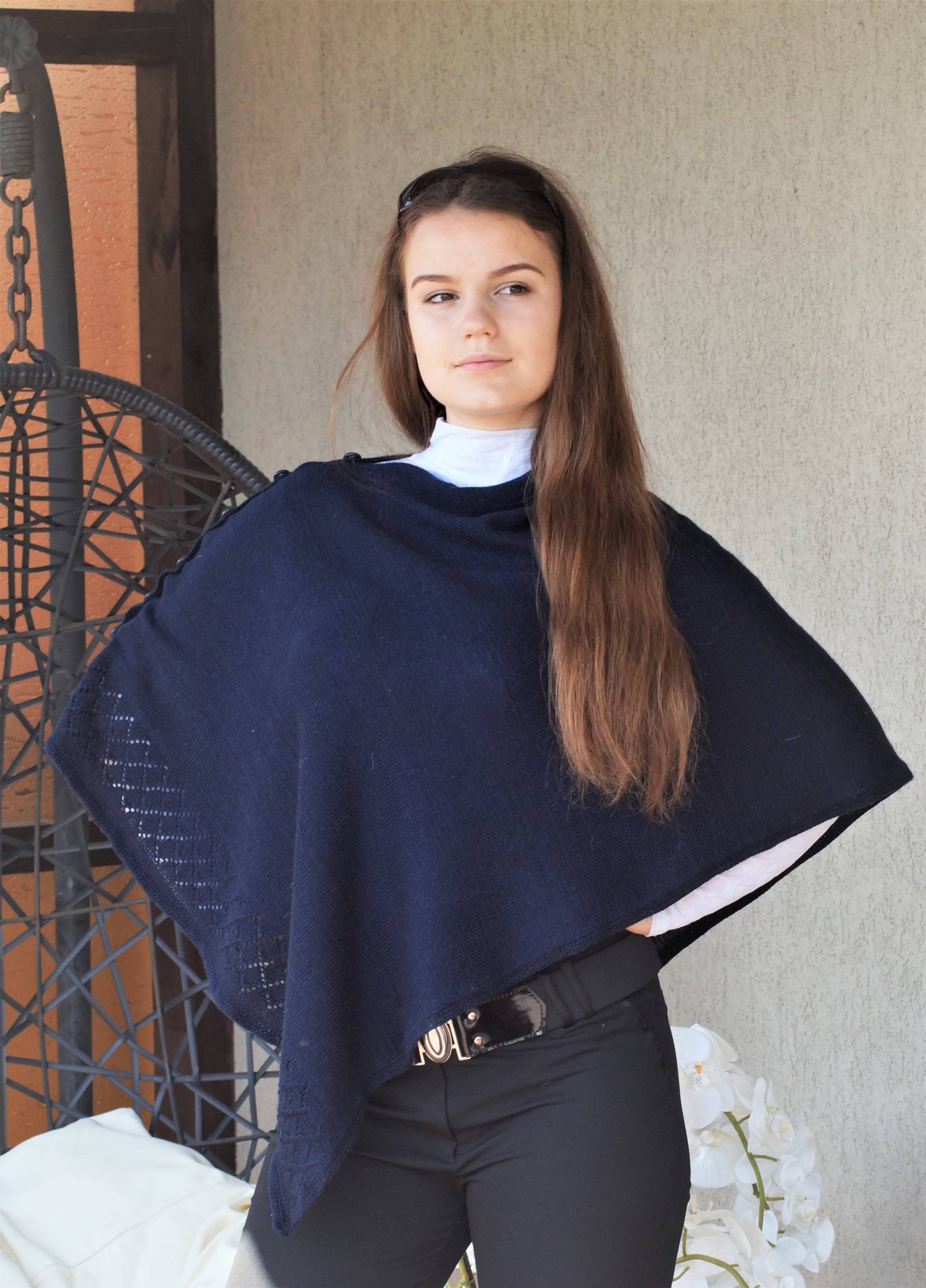 Blauer Poncho-Schal, Kaschmir Wolle Poncho, Poncho Pullover, Winter Poncho, Blauer Mantel, Strick Poncho, Frauen Accessoires, Wollmantel von HPstoreLT