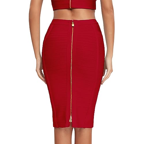 HQBORY Damen Bandage Rock Hohe Taille Bandage Rock Bleistiftrock, Rotwein, X-Groß von HQBORY