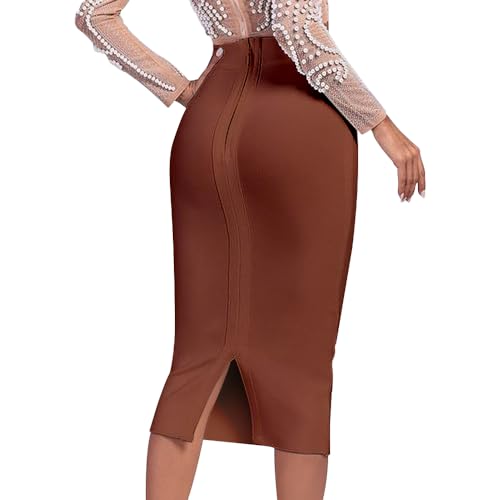 HQBORY Midi Bandage Rock Rücken Split Hohe Taille Bandage Bleistiftrock, Kaffee, Groß von HQBORY
