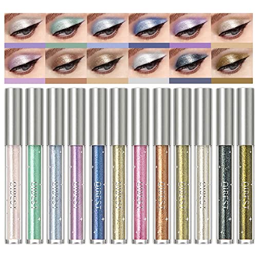 12 Farben Flüssiger Glitter Lidschatten Makeup Set Metallic Shimmer Colorful Gold Neon Liquid Eyeshadow Waterproof Long-lasting Quick Drying Lidschatten Makeup Set (Set A) von HQDA