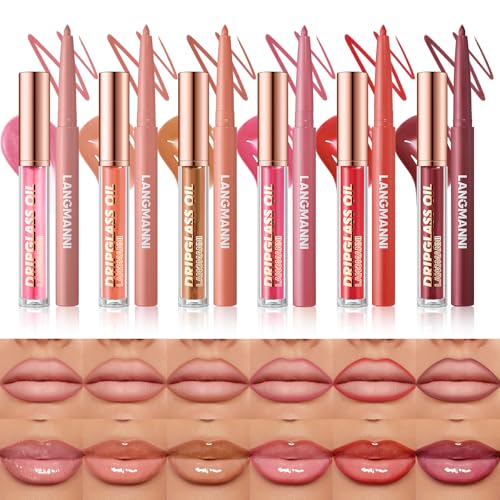 12 Pcs Hydrating Lip Oils + Lip Liner Pencil Combo Sets, Nude Lipliner Glass Lip Glosses Long Lasting Non-Fading Waterproof Lip Makeup Set Gift For Women von HQDA