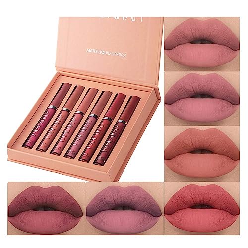 6 Stück matt flüssiger Lippenstift Nude Lipstick Waterproof Long Lasting Non Fading Natural Color Makeup Gift For Women (Set B) von HQDA