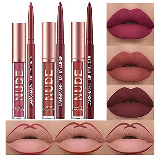 6 Stück Matt Lippenstift & Lip Liner Set, Velvety Nude Lipstick, Stay On 24 Hours Waterproof Non-Stick Cup Not Fade Liquid Lipstick, Lip Liner Lip Gloss Make Up Gift Set (Set D) von HQDA