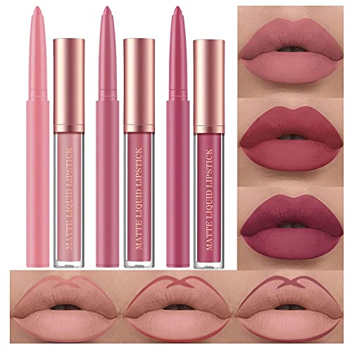 6 Stück Matt Lippenstift & Lip Liner Set, Velvety Nude Lipstick, Stay On 24 Hours Waterproof Non-Stick Cup Not Fade Liquid Lipstick, Lip Liner Lip Gloss Make Up Gift Set (Set A) von HQDA