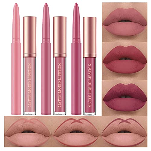 6 Stück Matt Lippenstift & Lip Liner Set, Velvety Nude Lipstick, Stay On 24 Hours Waterproof Non-Stick Cup Not Fade Liquid Lipstick, Lip Liner Lip Gloss Make Up Gift Set (Set A) von HQDA