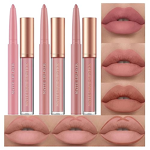 6 Stück Matt Lippenstift & Lip Liner Set, Velvety Nude Lipstick, Stay On 24 Hours Waterproof Non-Stick Cup Not Fade Liquid Lipstick, Lip Liner Lip Gloss Make Up Set (Set E) von HQDA