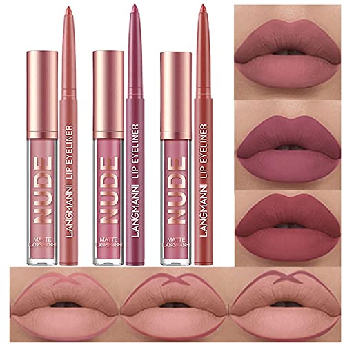 6 Stück Matt Lippenstift & Lip Liner Set, Velvety Nude Lipstick, Stay On 24 Hours Waterproof Non-Stick Cup Not Fade Liquid Lipstick, Lip Liner Lip Gloss Make Up Gift Set (Set C) von HQDA