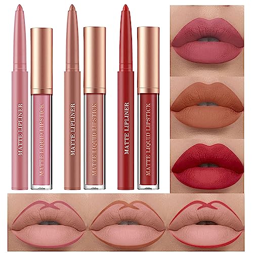 6 Stück Matt Lippenstift & Lip Liner Set, Velvety Nude Lipstick, Stay On 24 Hours Waterproof Non-Stick Cup Not Fade Liquid Lipstick, Lip Liner Lip Gloss Make Up Gift Set (Set F) von HQDA