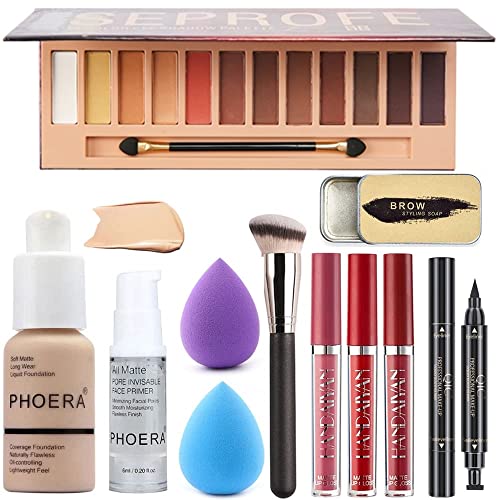 All in One Makeup Set 12 Colours Eyeshadow Palette Matte Foundation Face Primer, 3 Colours Liquid Lipstick, Eyebrow Soap, Winged Eyeliner Stamp, Makeup Brush, Makeup Sponge, Makeup Set (Set A) von HQDA