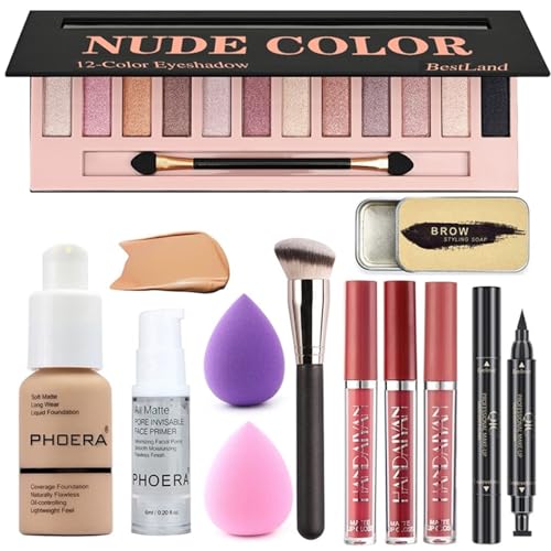 All in One Makeup Set 12 Colours Eyeshadow Palette Matte Foundation Face Primer, 3 Colours Liquid Lipstick, Eyebrow Soap, Winged Eyeliner Stamp, Makeup Brush, Makeup Sponge, Makeup Set (Set B) von HQDA