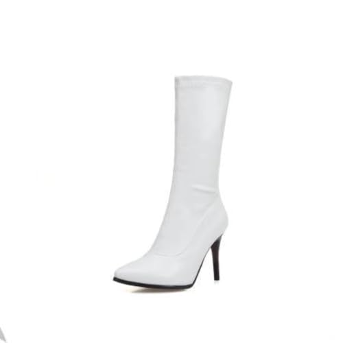 Damen Elegante Stiefel Mittelhoch Mit Spitzer Spitze Obermaterial Aus PU Leder Stiletto High Heels Slip on Seitlicher Reißverschluss Dress Boots,Weiß,46.5 EU von HQINGAXU