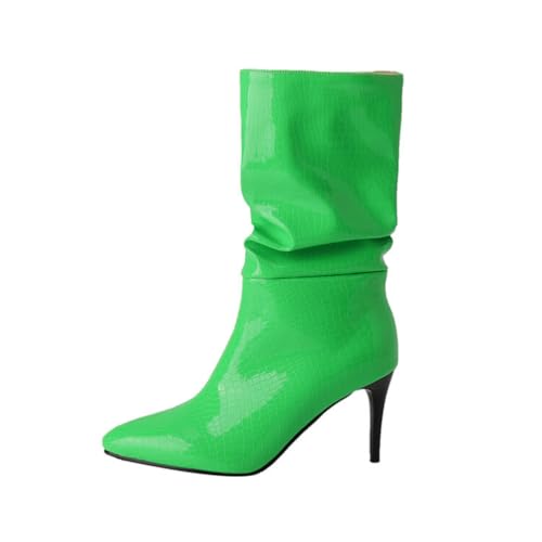 Damen Glänzende Stiefel Mittelhoch Mit Krokodilmuster Slouchy Design Spitze Zehenpartie Stiletto High Heels Slip on Lackleder Elegante Schuhe,Grün,40 EU von HQINGAXU