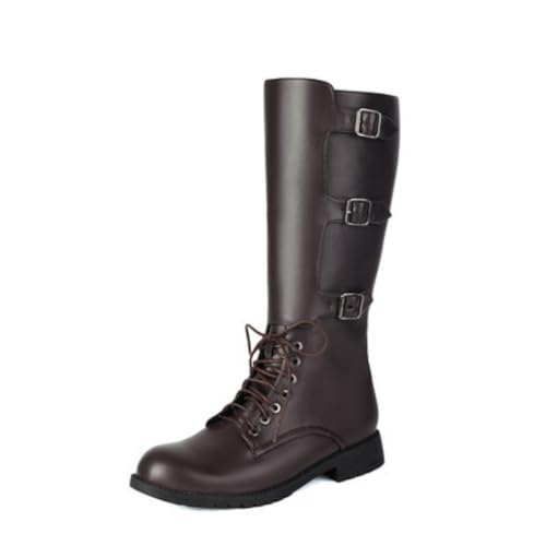 Damen Kniehohe Combat Stiefel Mit Schnallenriemen Schnürung Runde Spitze Niedrige Klobige Absätze Strapazierfähiges PU Leder Obermaterial Slip On,Dark Brown,37 EU von HQINGAXU