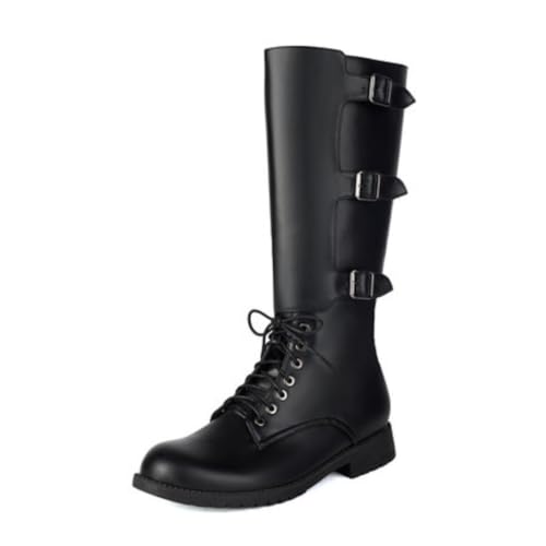 Damen Kniehohe Combat Stiefel Mit Schnallenriemen Schnürung Runde Spitze Niedrige Klobige Absätze Strapazierfähiges PU Leder Obermaterial Slip On,Schwarz,43 EU von HQINGAXU