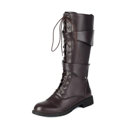 Damen Kniehohe Combat Stiefel Mit Schnürung Und Schnallenriemen Runde Spitze Niedrige Absätze Strapazierfähiges PU Leder Obermaterial Slip On,Dark Brown,45 EU von HQINGAXU