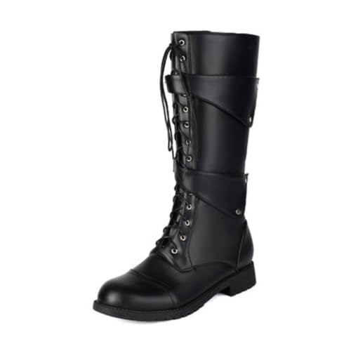 Damen Kniehohe Combat Stiefel Mit Schnürung Und Schnallenriemen Runde Spitze Niedrige Absätze Strapazierfähiges PU Leder Obermaterial Slip On,Schwarz,37 EU von HQINGAXU